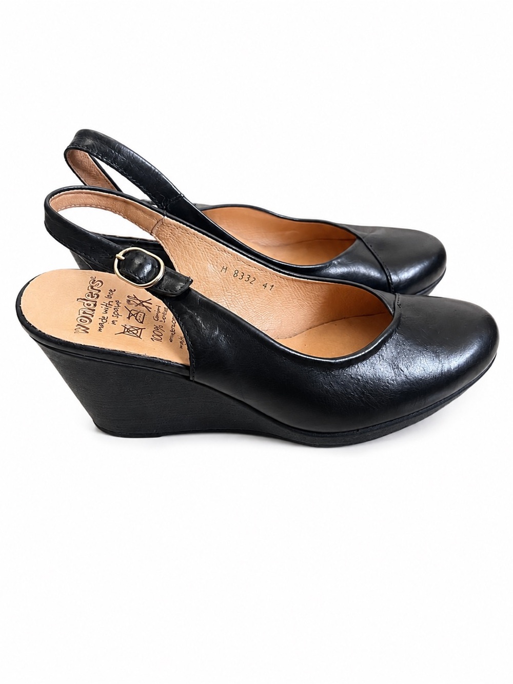 Wolky Black Leather Slingback Wedge Heels